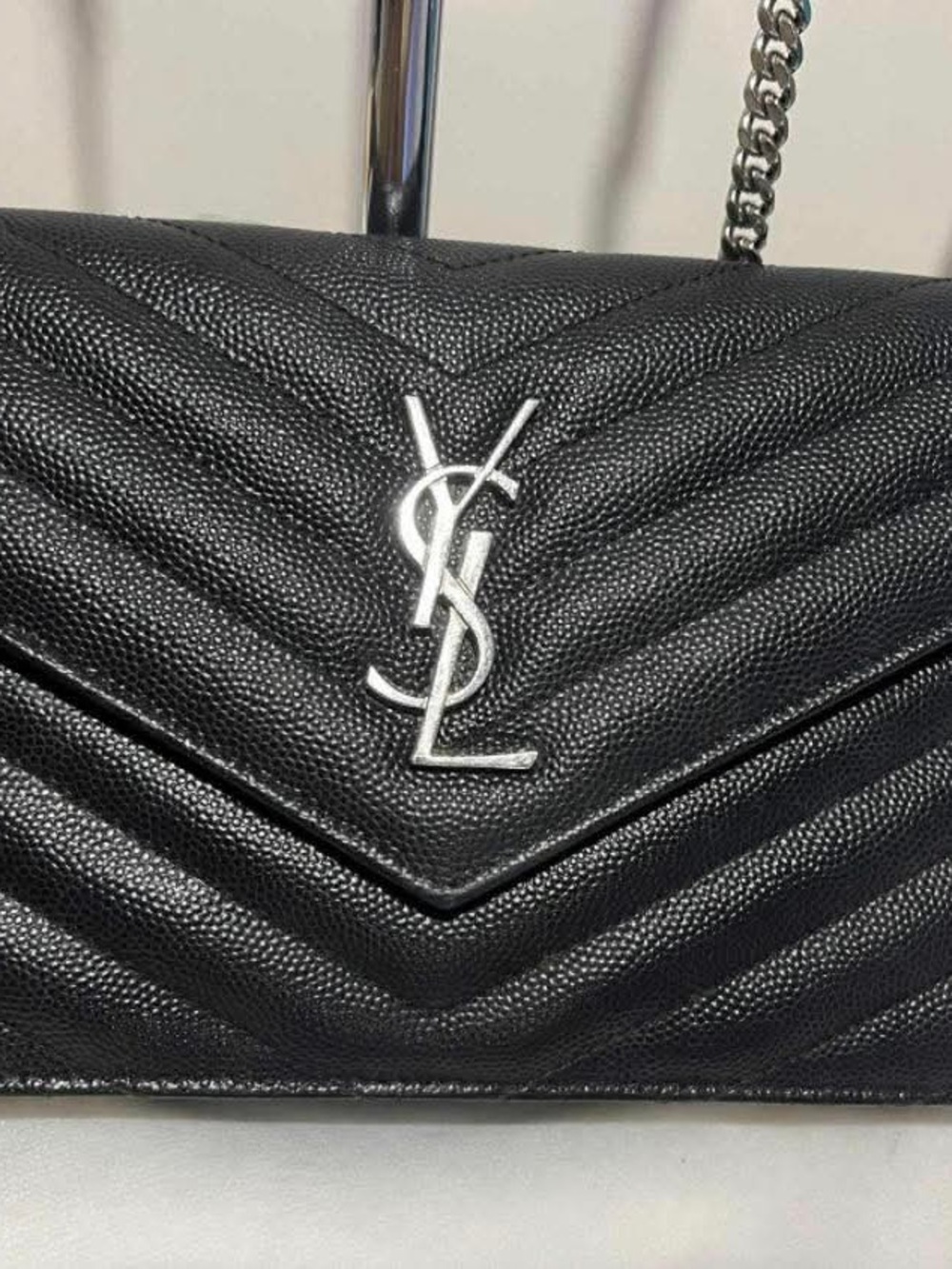 Saint Laurent Black Quilted Chevron Chain Crossbody with Silver YSL